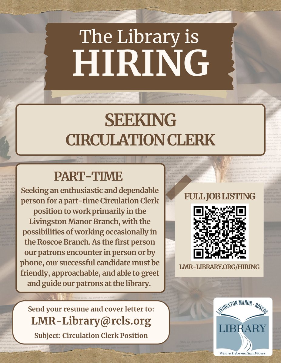 LMR_Library's tweet photo. The Livingston Manor-Roscoe Library seeks an enthusiastic and dependable person for a part-time Circulation Clerk position to work primarily in the Livingston Manor Branch, with the possibilities of working occasionally in the Roscoe Branch. https://t.co/K20bDCwwBy
