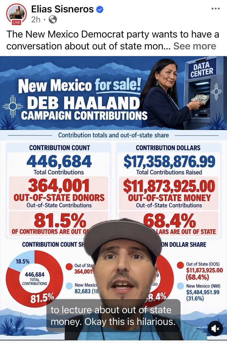 WSmyamerica's tweet photo. @NMDEMS @GreggHullforNM That’s a drop in the bucket compared to @DebHaalandNM $11.8 million from out of state donors! https://t.co/yL7SlhOgme