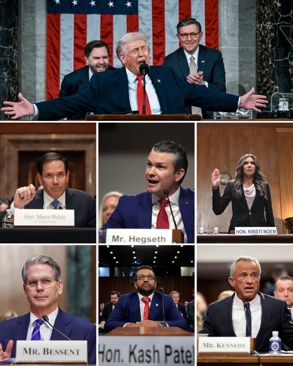 A collage of U.S. political figures speaking or appearing at government hearings. The top image shows Donald Trump at a podium with his arms spread, with two men behind him and an American flag in the background. Below are eight separate portraits of officials seated at or addressing hearing tables. Text is visible on nameplates.