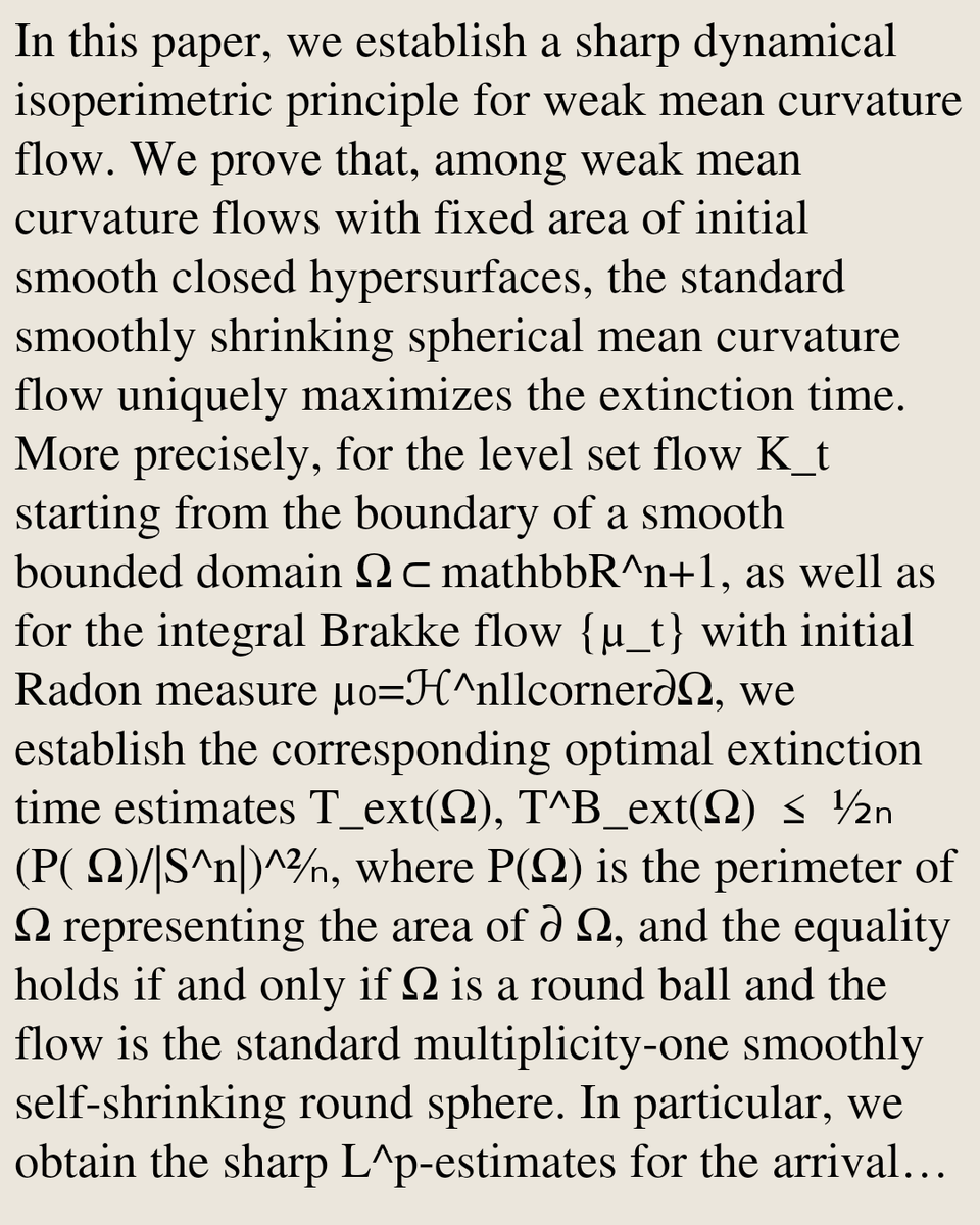 GeometryPapers's tweet photo. Sharp dynamical isoperimetric principle for mean curvature flow

Beomjun Choi, Wenkui Du, Seung Chul Park, Junseo Youn
https://t.co/KNo5rCNawW [𝚖𝚊𝚝𝚑.𝙳𝙶 𝚖𝚊𝚝𝚑.𝙰𝙿] https://t.co/Or1ZcPpJ2q