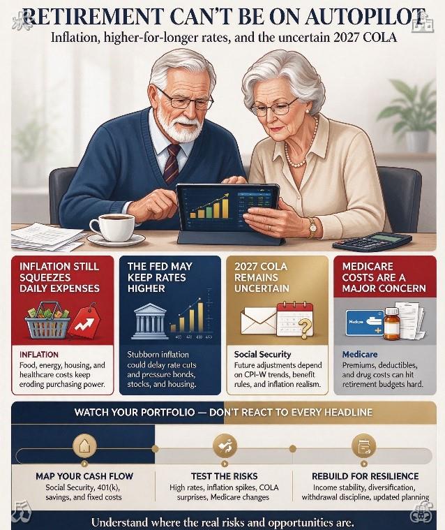 yukkeetti's tweet photo. Retirees: inflation is squeezing budgets, the Fed may keep rates high, 2027 COLA is uncertain, Medicare costs are a concern. If you rely on Social Security, 401(k), savings, you can’t ignore markets. Monitor your portfolio, not headlines. Retirement isn’t autopilot. https://t.co/4P8WuWqlM1