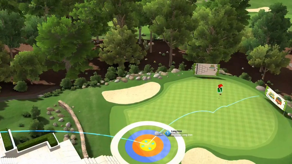 A screenshot of a golf video game showing an aerial view of a green with a sand bunker, where a 'Long Iron Beginner Long Iron' shot is being lined up using a circular targeting reticle.