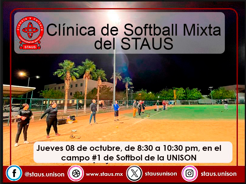 stausunison's tweet photo. La Secretaría de Deportes del STAUS te invita a la Clínica de Sóftbol Mixta, hoy de 8:30 a 10:30 p.m. en el Campo de Sóftbol 1 de la UNISON. No se requiere experiencia previa. ¡Asiste y actívate con nosotros!
#StausDeportes #Staus #Comunidadstaus https://t.co/VXxT1ftsrI