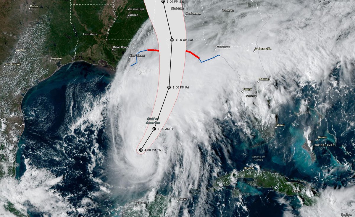 NWS's tweet photo. 10/08/2026, 4p CT Update

Hurricane Isaias has strengthened into a Category 2 storm. Additional strengthening is expected through early Friday, and Isaias should remain a dangerous hurricane as it approaches the northern Gulf Coast Friday night.

If a hurricane warning or a storm surge warning has been issued for your area, any preparations to protect life and property from storm surge and damaging winds should be rushed to completion today.

Check https://t.co/e2Vkdav5Wu for the latest forecast updates.