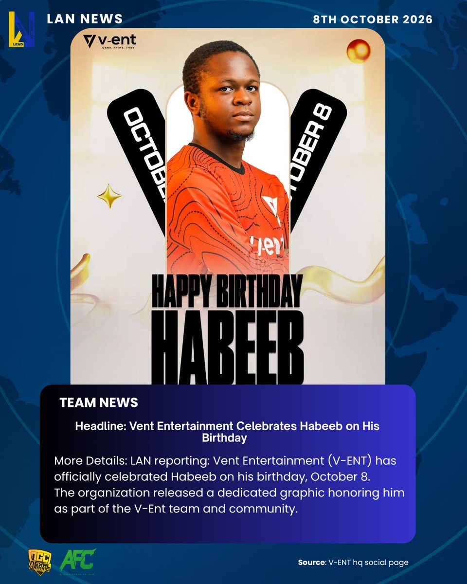 leadaccessnet's tweet photo. Happy birthday, Habeeb! 🎂
Vent Entertainment (V-ENT) has celebrated Habeeb on his special day, honoring him as part of the V-Ent team and community.
Drop your birthday wishes below. 👇
#LANNews #LeadAccessNetwork #VENT #HappyBirthday #FreeFire https://t.co/ES2lbq40Xl