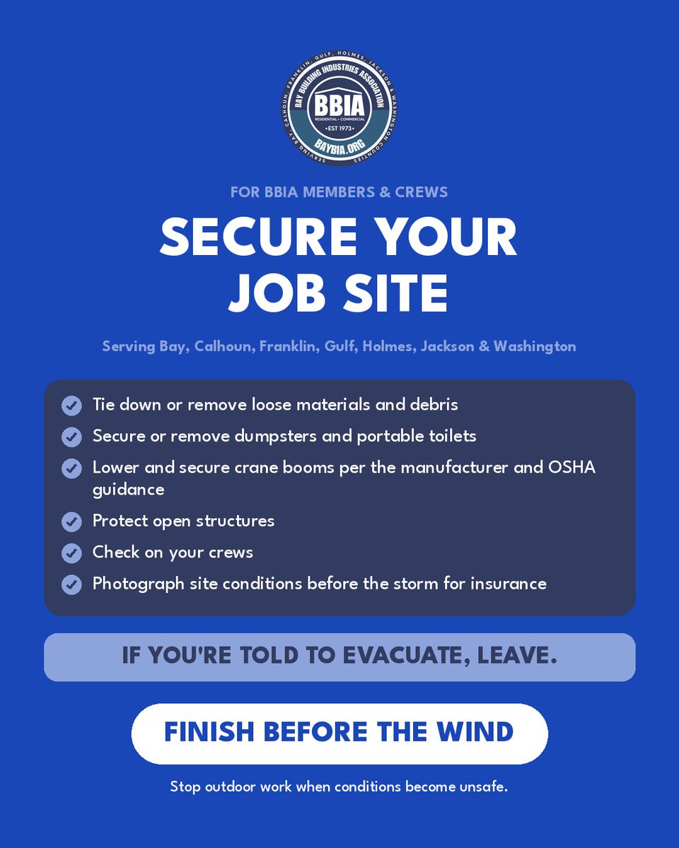Bay_BIA's tweet photo. BBIA members: prep job sites today across our 7 counties. Secure loose materials, dumpsters and portable toilets, lower crane booms per OSHA/manufacturer guidance, and check on crews. Stop work before it's unsafe.

⚠️ If you're told to evacuate, leave.

#HurricaneIsaias #FLwx https://t.co/OCl6mISSln
