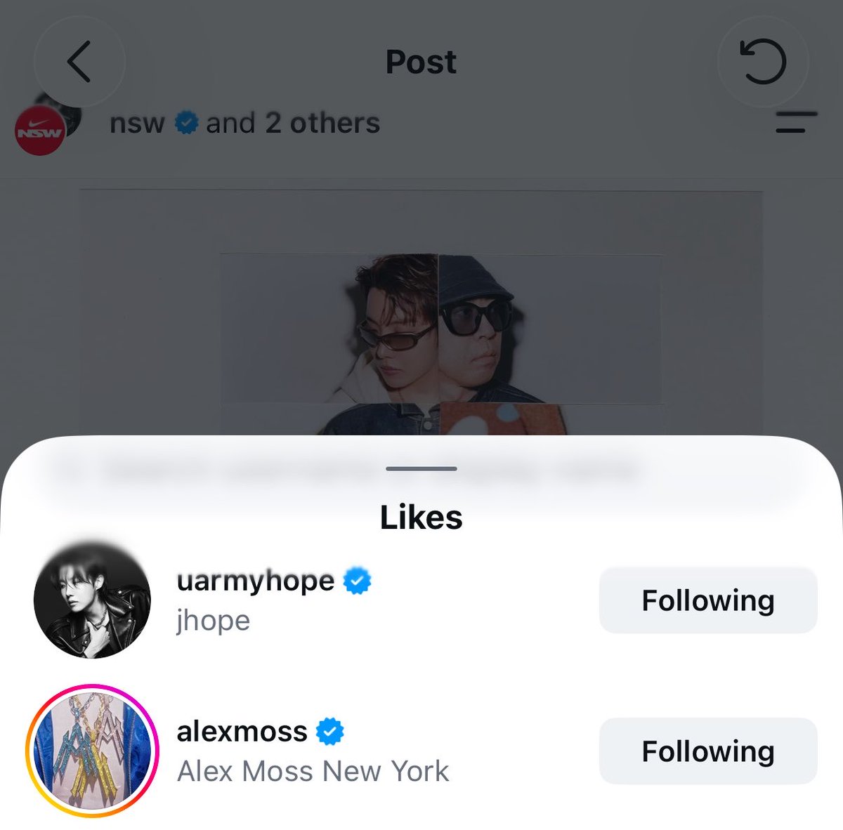 MapOfTheHoseok's tweet photo. Alex Moss liked and commented under Nike’ #jhope x Nigo collab sneakers post! fashion industry LOVE our hobi hobi 😭 https://t.co/hsAMbD2T3Z