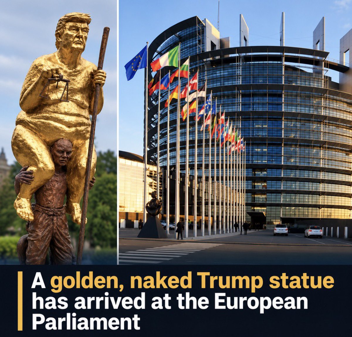 BalazsOrban_HU's tweet photo. The European Parliament should build bridges, not entertain itself with empty provocations.

The statue mocking President Trump is not an embarrassment for the American President. It is a disgrace for the European Parliament.

Europe is facing serious economic and security challenges. Our competitiveness is declining, our economies are struggling, and the world is becoming more dangerous.

In this situation, the United States under President Trump could be one of Europe’s most important partners. Yet some in the European Parliament seem more interested in insulting him than in building a strong transatlantic relationship.

This attitude achieves nothing. It only exposes the arrogance and shortsightedness of those who believe Europe can afford to alienate its allies.

Europe needs diplomacy, mutual respect and strategic cooperation. Not political arrogance disguised as moral superiority.

The statue says nothing about Trump’s dignity. It says everything about the political culture of the European Parliament.