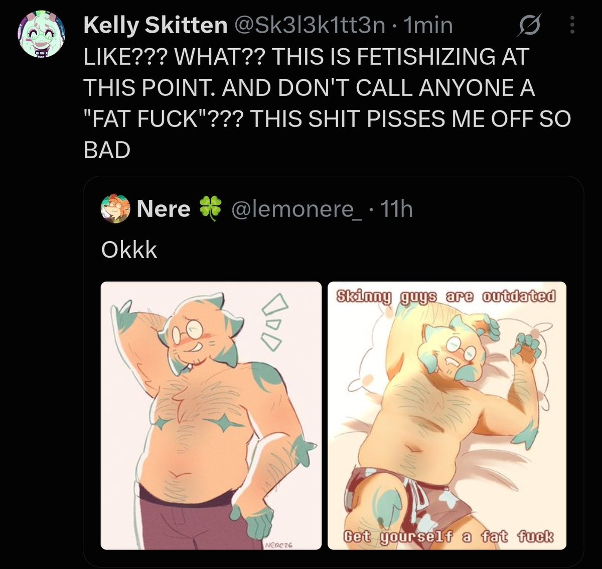 lemonere_'s tweet photo. I'm sorry what are we saying . I thought fetishizing fat people was drawing them stuffing themselves and rubbing their belly or smth all I did was draw him Existing because I find him attractive both as a fat guy and as a skinny guy . There's nothing even sexual about this??? https://t.co/gQRC0Bx4xe