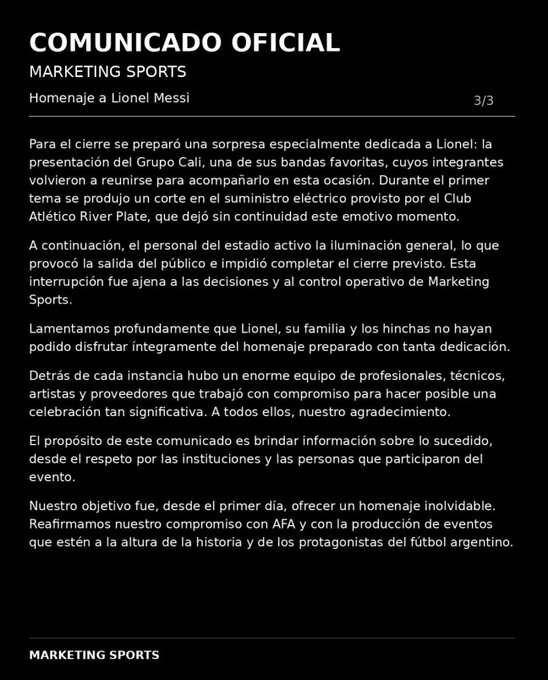 El_Prensero's tweet photo. 🔴 SALIÓ EL COMUNICADO OFICIAL DE MARKETING SPORTS  SOBRE EL HOMENAJE A MESSI

Es muy triste esto que hizo el presidente de Rive, Stefano Di Carlo, y su entorno.
Ahora quedó claro que no fue desorganización, fue un claro boycot.
No colaboraron e hicieron todo lo posible para que el homenaje al más grande de todos los tiempos salga mal.
No les importó que sea el último partido de Messi con la Celeste y Blanca.
No les importó la gente que pagó como pudo su entrada.
Han demostrado ser mezquinos y mercenarios. 
Messi no se merecía esto. 
Los argentinos no nos merecíamos esto.