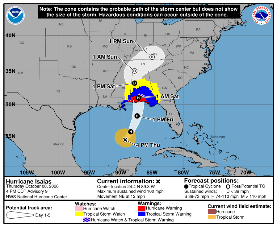 LaStateClimate's tweet photo. Isaias now has estimated max sustained winds of 100 mph and a central pressure of 975 mb.  Intensity at landfall is questionable as the system is encountering extremely warm waters AND shear.  However that plays out, Isaias will still be a dangerous storm when it makes landfall. https://t.co/W9ZvZ3z9Jn