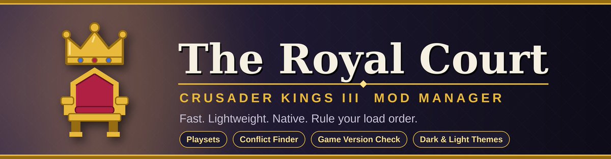 JuincyYT's tweet photo. 👑 **The Royal Court v0.14.0** is out!
✨ Updates button (checks GitHub, verified in-app update)
🖱️ Select multiple mods
🧭 Smarter Auto Sort (total conversions first, AGOT family)
📥 https://t.co/lRJYbtwRcf
#ck3 #mod #modding #modloader https://t.co/gF0MyrmzhH