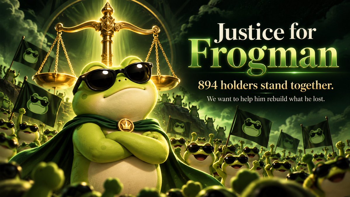 JusticeForFrog's tweet photo. Justice for Frogman. 🐸⚖️

894 holders are here for one reason: to stand with Frogman and help him rebuild what he lost.

This community came together because of what happened to him.

We’re still here. For Frogman.

#JusticeForFrogman  @frogmanhaha $FROGMAN https://t.co/kdp8JkPtnA