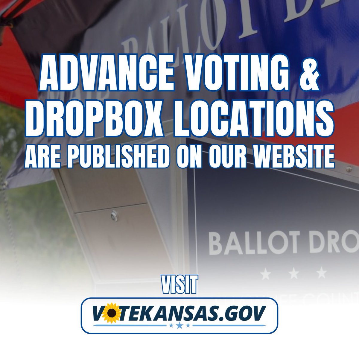 KansasSOS's tweet photo. Planning to vote early? In person or by mail? Visit the link below to access your county's advance voting and drop box locations. #ksleg #kselections

https://t.co/pn9DzLR1tt https://t.co/8gcbXAyvWY