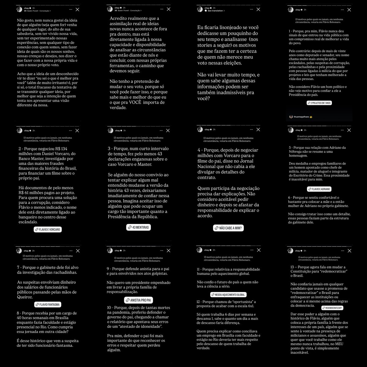 stagepopbr's tweet photo. 🚨 MEU DEUS! Chay Suede se posiciona e apresenta 13 motivos para não votar em Flávio Bolsonaro. O ator também declara apoio a Lula no segundo turno das eleições presidenciais.

Entre os motivos citados estão:

• Falta de projetos relevantes após anos na política e histórico marcado por escândalos e suspeitas de corrupção.

• A negociação de R$ 134 milhões com Daniel Vorcaro para financiar um filme sobre Jair Bolsonaro e as diferentes versões dadas sobre o caso

• A relação com Adriano da Nóbrega e a presença de familiares dele em seu gabinete.
• As investigações sobre rachadinhas e a suspeita de funcionário fantasma.

• A defesa de anistia para Jair Bolsonaro e envolvidos nos atos golpistas.

• A defesa do governo do pai durante a pandemia e a minimização de erros apontados pela CPI.
• Declarações relativizando a responsabilidade humana pelo aquecimento global.

• Críticas à proposta pelo fim da escala 6x1.
• A defesa de uma mudança na Constituição sob o argumento de “redemocratizar” o Brasil.

Ao final, Chay afirma que não confiaria a Presidência a Flávio Bolsonaro e declara seu apoio a Lula.