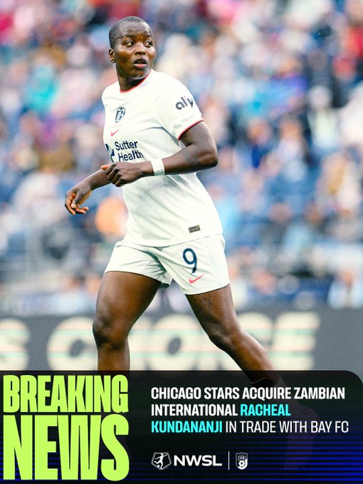 A soccer player wearing a white jersey with the number 9 and "Sutter Health" sponsor runs on the field, with a graphic overlay announcing "BREAKING NEWS: Chicago Stars acquire Zambian international Racheal Kundananji in trade with Bay FC," matching the post's confirmation of her trade to Chicago Stars FC.