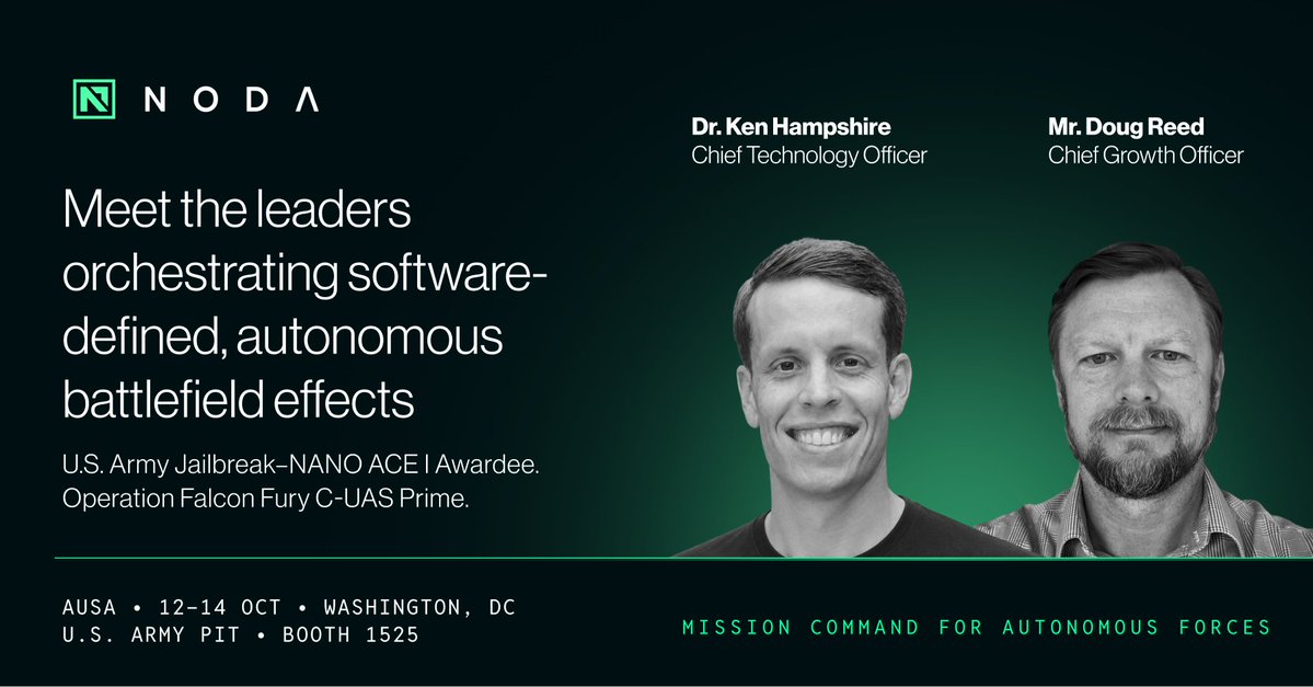 NODA_AI_atx's tweet photo. @NODA_AI_atx was selected by the @USArmy as Autonomous C-UAS Prime for Operation Falcon Fury. Meet our leaders orchestrating Software-Defined Effects solutions and maximizing interoperability. 
 
Dr. Ken Hampshire, Chief Technology Officer, and Mr. Doug Reed, Chief Growth Officer, will be at the @USARMYPIT Innovator’s Corner, Booth 1525, on Tuesday afternoon, 13 OCT. 
 
Bring your mission requirements, platform capabilities, and teaming priorities. We’ll show how NODA delivers Mission Command for Autonomous Forces across vendors and domains. 
 
Connect with Ken, Doug, Charley, and the Team Faraday Partners at AUSA: https://t.co/UvxsCHDD1D 
 
#AUSA2026 #AutonomousSystems #DefenseTech #SDFX