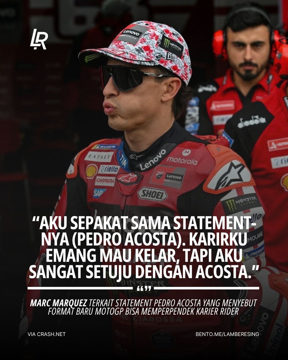 LambeResing's tweet photo. Marc Marquez setuju kritik Pedro Acosta terkait format baru MotoGP!

Giliran Marc Marquez yang menyampaikan kritiknya ke media, yang mempertanyakan tujuan utama perubahan format MotoGP di 2027.

Namun menegaskan bahwa pembalap tidak punya kuasa atas keputusan itu dan hanya bisa "diam saja", karena keputusan terkait masalah tersebut diambil oleh tim dan pihak penyelenggara.

Sementara itu, Jorge Martin merasa setuju dengan statement Marc, namun lebih bersikap lebih positif terhadap format baru musim depan.

Martin juga menyayangkan MotoGP yang jarang melibatkan rider dalam pembahasan serupa sebelum adanya ubahan.
