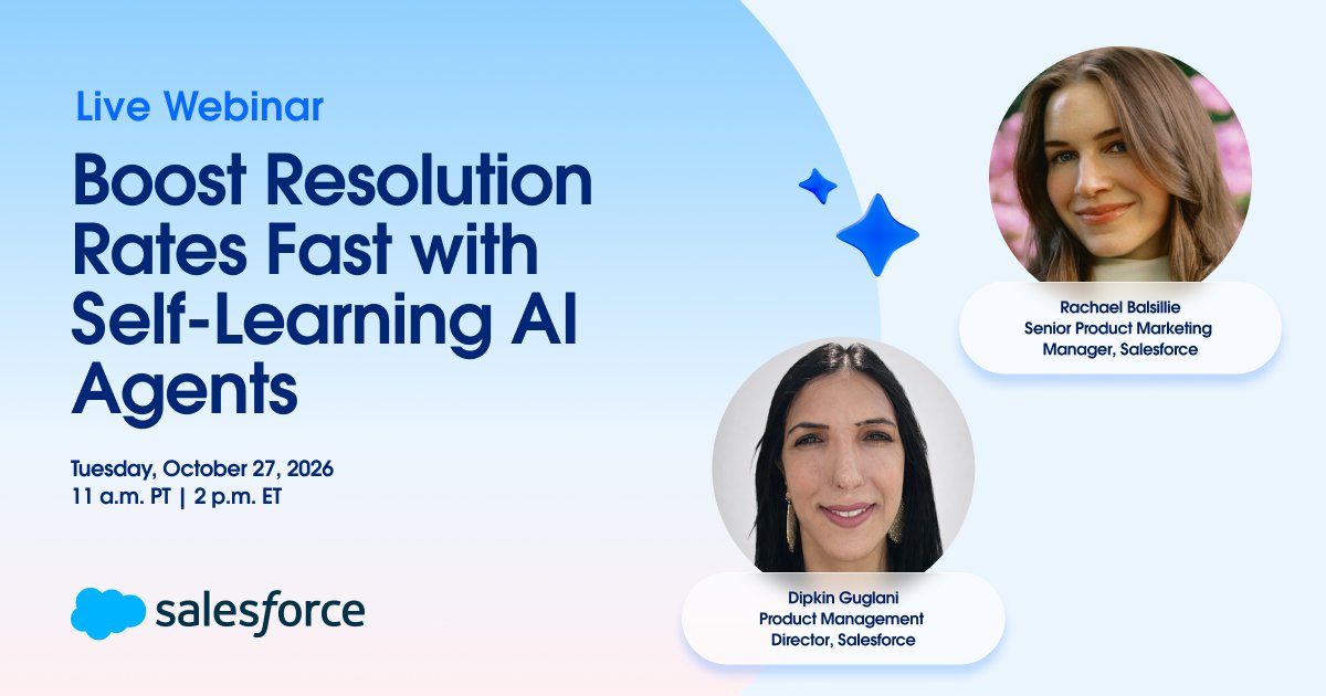 ServiceCloud's tweet photo. Faster resolutions start with agents that‌ learn. 🤖 

Join us October 27 and see how self-learning AI Agents boost resolution rates fast. ⚡ 

Register today: https://t.co/4YyP0h7CPU https://t.co/OCGLNmJmOt