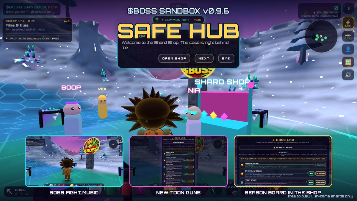 TheBossCoin_SOL's tweet photo. v0.9.6 is up in the $BOSS Sandbox.

Season 1 board ranks bosses, shards earned, and legendary rifts. New toon guns. A safe neon hub at spawn with folks to talk to before you chase a rift. Boss fights got their own music, and that constant tick is gone.

Free to play. Shards are in-game only.
https://t.co/oSYWveJXjf
