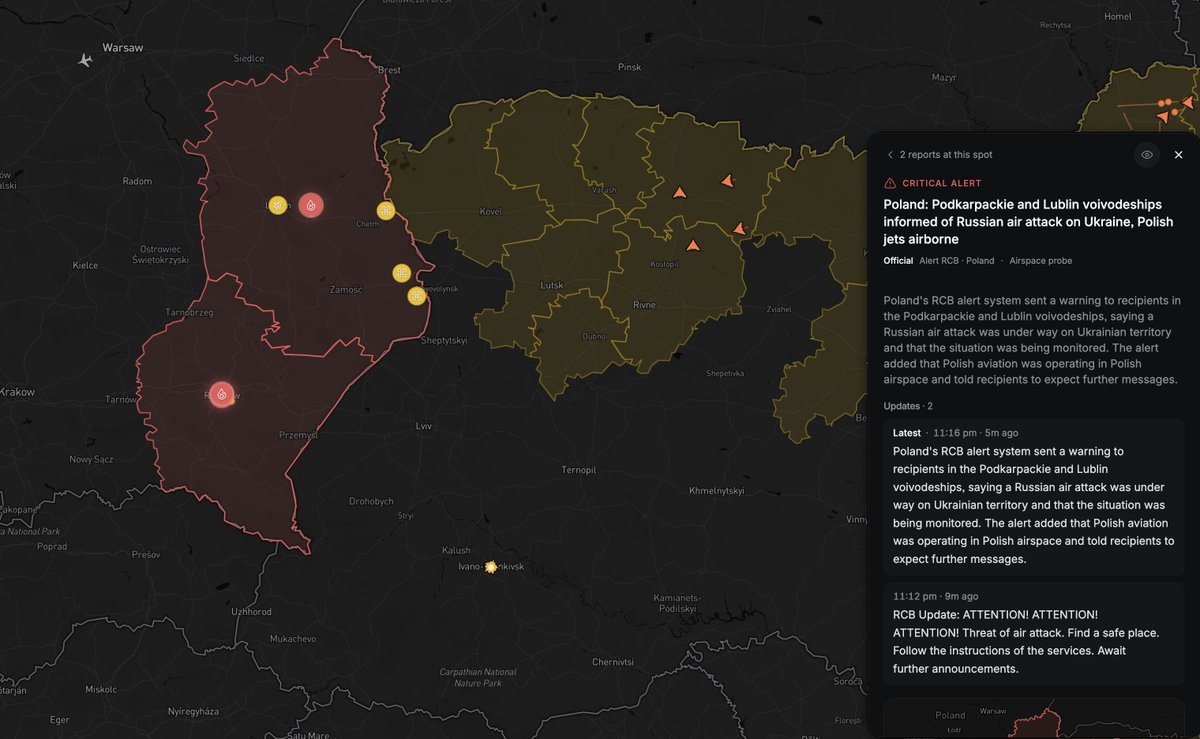 OSINTMapLive's tweet photo. ‼️ Poland's RCB alert system has sent a warning to recipients in the Podkarpackie and Lubelskie provinces about a threat of air attack. It tells people to find a safe place, follow the instructions of the services and await further announcements. https://t.co/kzLvJtSthW