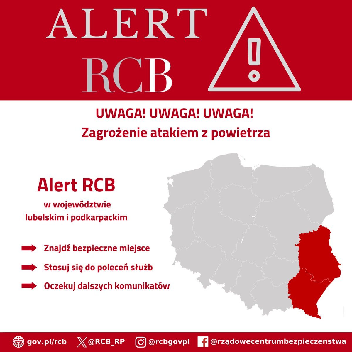 OSINTMapLive's tweet photo. ‼️ Poland's RCB alert system has sent a warning to recipients in the Podkarpackie and Lubelskie provinces about a threat of air attack. It tells people to find a safe place, follow the instructions of the services and await further announcements. https://t.co/kzLvJtSthW