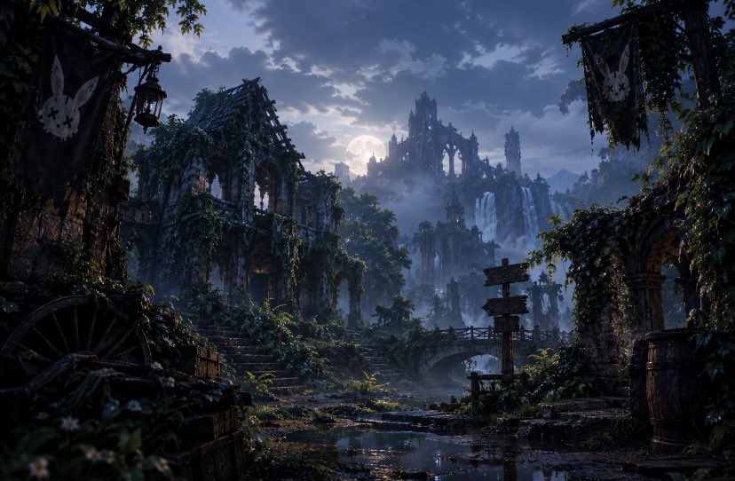 joaishim's tweet photo. been thinking about the kind of places people could add to the @MoonlitRuna world

not everything has to be a new character or another part of the main story

even a simple idea like an abandoned village could be interesting if someone gives it a good backstory

what happened there? who lived there? why did they leave?

i think there’s a lot people could do with this. curious to see what everyone comes up with