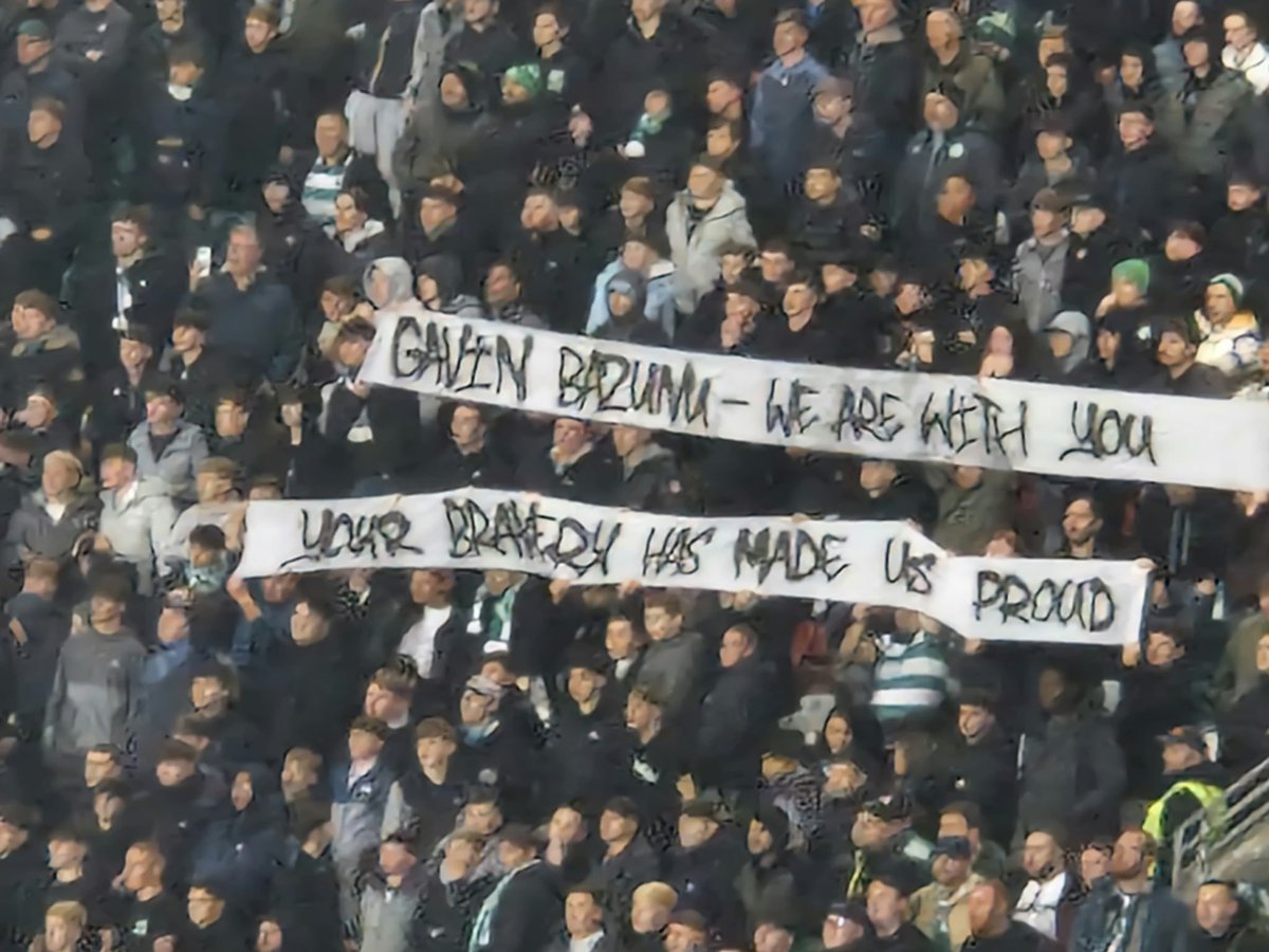 Sport4Palestine's tweet photo. Rovers &amp; Drogheda fans in Tallaght Stadium unfurl banners ‘Your Cowardice Will Never Be Forgotten. Horrible Shameless Unfit For The Job. Dave Courell, Paul Cooke, Packie Bonner &amp; FAI Leadership’ &amp; 1 for Gavin Bazunu ‘Gavin Bazunu We Are With You. Your Bravery Has Made Us Proud’ https://t.co/R3YbD6M9Jd
