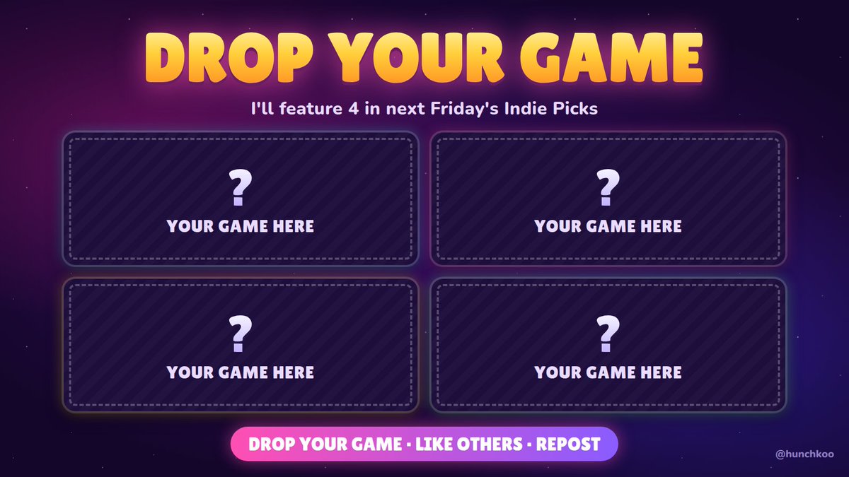 hunchkoo's tweet photo. Indie devs: drop your game below 👇

I'll feature 4 of them in next Friday's Indie Picks, with your @ 🎮

🔁 Repost so more devs find it
❤️ Like the games you'd play

GIF, trailer or screenshot, all welcome! https://t.co/vih7az2b0T