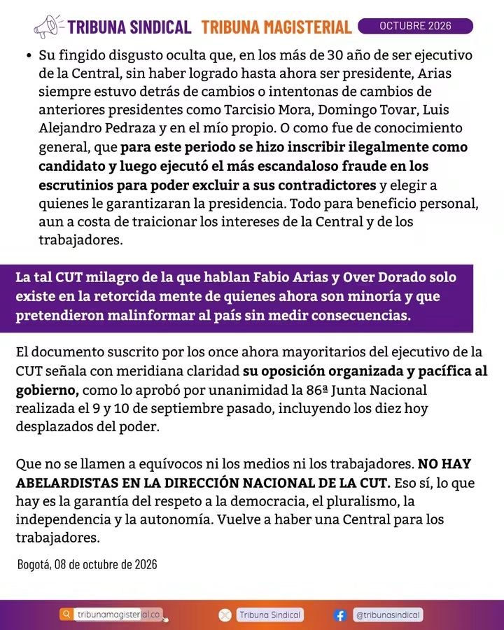 TribunaMagister's tweet photo. 🔴 NUEVO ACUERDO DE DIRECCIÓN EN LA CUT. NI ABELARDISTA NI PETRISTA, UNA CENTRAL PARA LOS TRABAJADORES.

@diogenesorjuela , ex presidente de la CUT, analiza el reciente acuerdo de dirección de la Central_ 

Descarga en la web el PDF. 
https://t.co/4Nu5ejP8EY https://t.co/UkW7B9OmXE