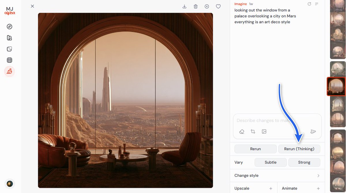 We're testing a new "thinking mode" for our image generation on our Alpha website (alpha dot midjourney dot com). We're finding it boosts prompt accuracy, typography and coherence. We'd love your help testing it on your images and telling us what you think. Th
