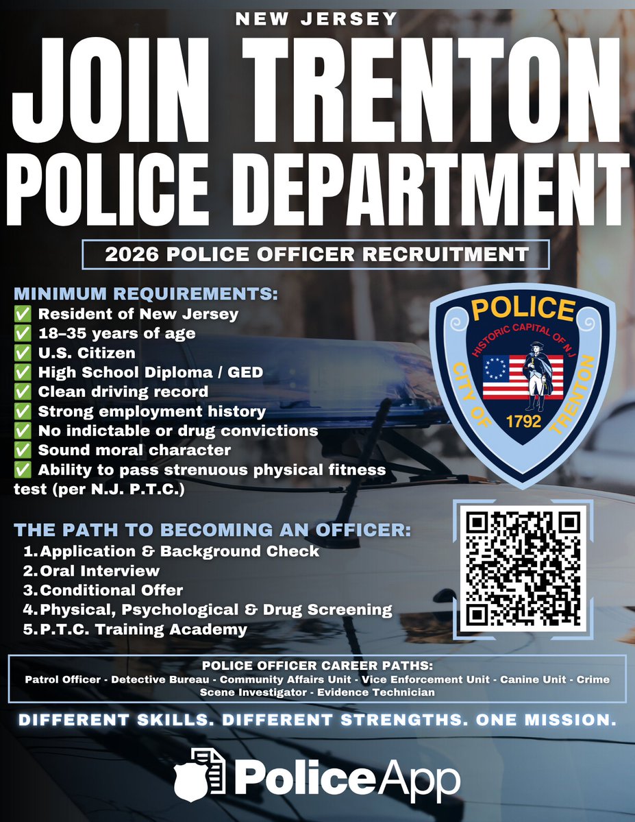 PoliceApp_Com's tweet photo. Trenton, NJ is hiring Entry Level Police Officers!

Build your career with a community-focused department offering opportunities in patrol, investigations, K-9, community affairs, and more.

📅 Apply by October 15, 2026. No applications will be accepted after the closing date!
➡️ View requirements and apply at PoliceApp

*Already applied on or after September 15, 2026? You do not need to reapply.