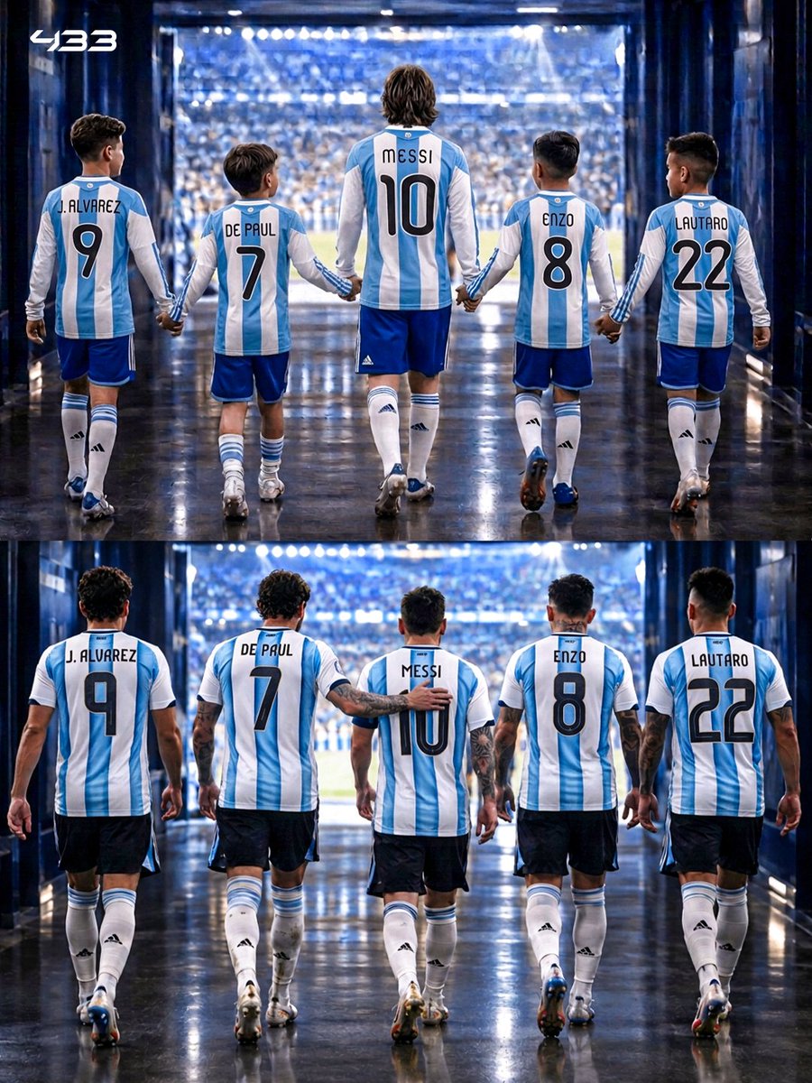 433's tweet photo. They grew up 𝒘𝒂𝒕𝒄𝒉𝒊𝒏𝒈 𝒉𝒊𝒎 𝒑𝒍𝒂𝒚. Now it’s 𝒕𝒉𝒆𝒊𝒓 𝒕𝒖𝒓𝒏 to lead Argentina 🇦🇷🥹

From looking up to Messi as kids to sharing the pitch with him and lifting the World Cup together 🏆

A new chapter awaits Argentina, as the next generation prepares to carry on the legacy of the man who inspired them all 🩵