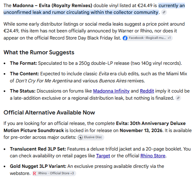 MadonnaM4nia's tweet photo. Another tantilising post about the (hopefully) upcoming #Madonna #Evita (#RoyaltyRemixes) - this screengrab here aligns with what I was finding yesterday about something being planned at this price point. Excited to think something is coming, for #RecordStoreDay or later!!  However, count on my trusty AI to bring me back to reality with a bump reminding me nothing has been officially announced yet!