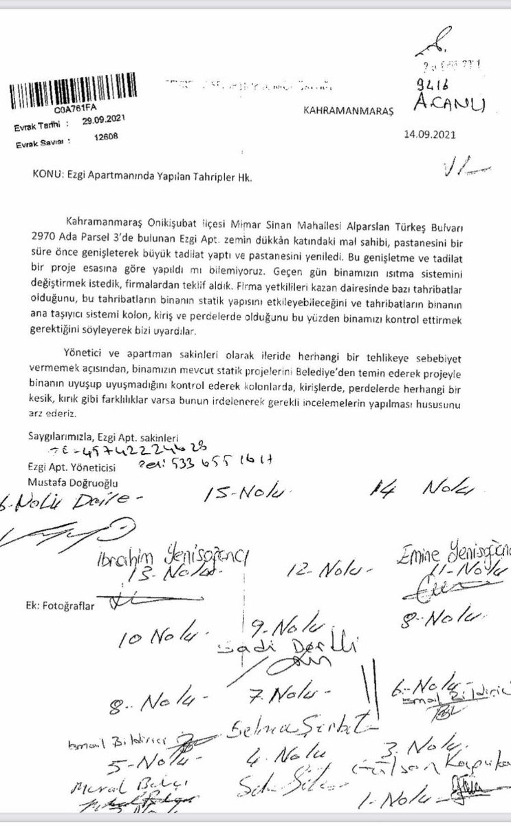 nurgul22's tweet photo. 2021 yılında Ezgi Apartmanı sakinleri, taşıyıcı sisteme müdahale edildiğine ilişkin fotoğraflarla birlikte belediyeye yazılı şikâyette bulunmuşlar.
Verilen cevap ise “herhangi bir tahribata rastlanılmadı” oldu.
Ama yapılan incelemenin nasıl yapıldığını ve neden bu müdahalelerin tespit edilemediğini her duruşmada sordum. Bu şikâyet dilekçesini görmezden gelen kamu personellerinin duruşmaya katılma zorunlulukları bile yoktu. Hâlâ Onikişubat Belediyesinde görevlerine devam ediyorlar.
2021 yılında yapılan bu şikâyet gerçekten gereği gibi incelenseydi, bugün çocuklarım hayatta olacaktı.
Ben yıllardır bunun cevabını soruyorum. Çocuklarımın hayatına mal olan bu ihmallerin hesabını sormaya da devam edeceğim.