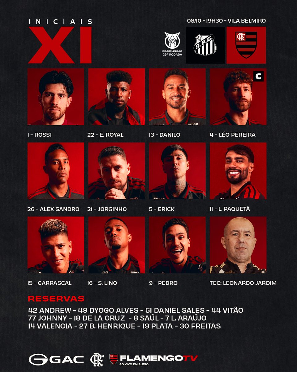 Flamengo's tweet photo. NOSSO TIME É A GENTE EM CAMPO! 

Confira a #escalação do MENGÃO para enfrentar o Santos, pelo Brasileirão! 

#FLAxSAN https://t.co/z27SIYBd84