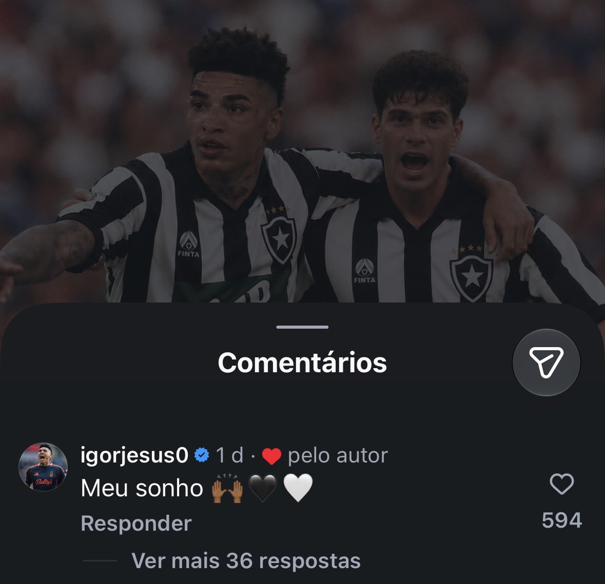 EspacoGlorioso's tweet photo. Túlio postou uma imagem de IA em relação a ele e Igor Jesus no Botafogo

E o eterno camisa 99 comentou “meu sonho!”

Que saudades do Igor Jesus, cara.. https://t.co/yp0lkOq7ns
