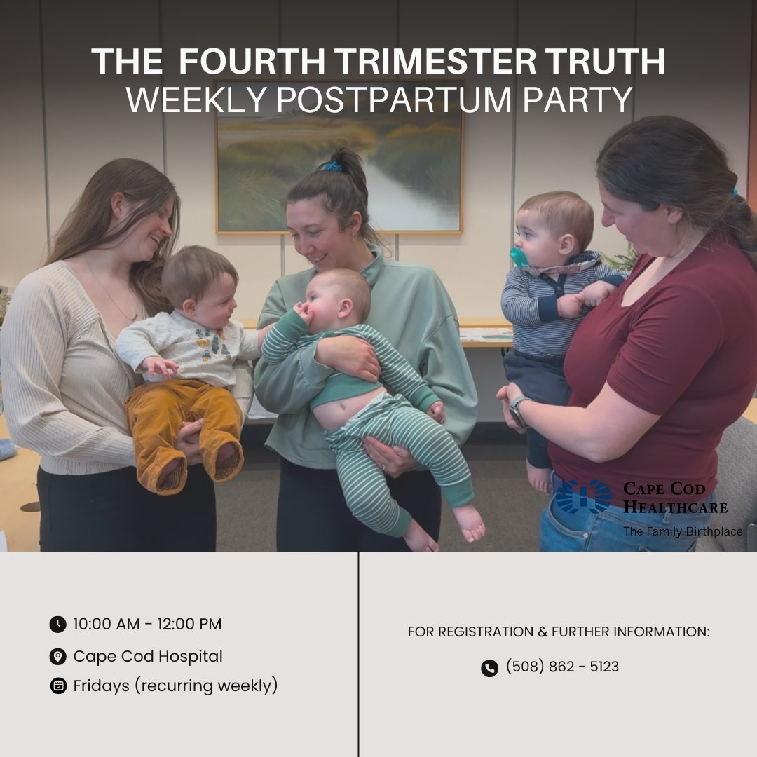 CapeCodHealth's tweet photo. Moms and babies are invited to join us for our Postpartum Party, from 10:00 a.m. to 12:00 p.m., at Cape Cod Hospital. October 9, Lisa Iafrate, PT, DPT, CEIS, will be sharing her insights on infant gross motor skill development. Register online today: https://t.co/l9WCZ65Zc6 https://t.co/LcVkPx2OMx