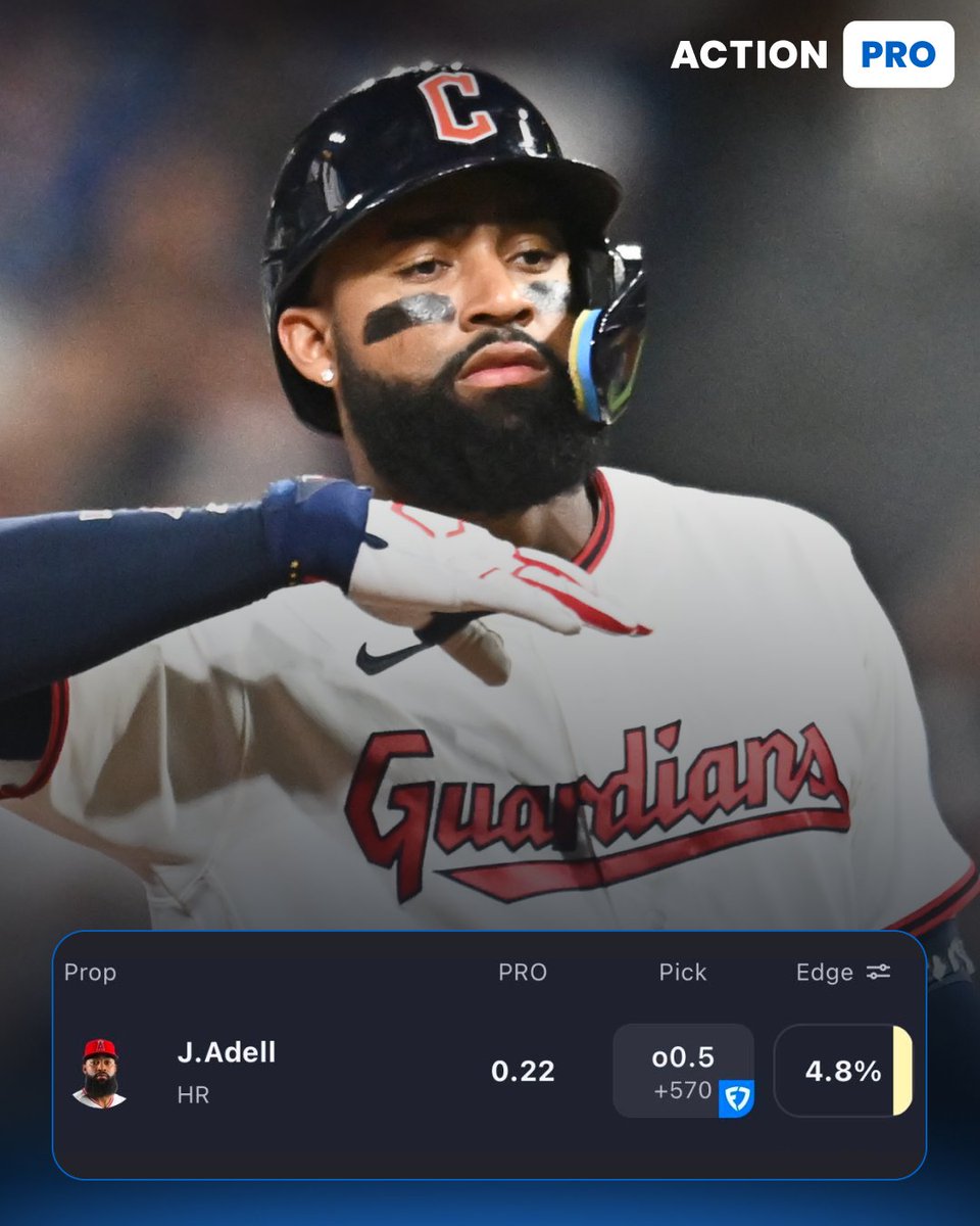 ActionNetMLB's tweet photo. 📊 Action PRO Top HR Edge!

A do or die game tonight for the Guardians, and Jo Adell is the player with the largest HR prop edge for tonight 👀 https://t.co/Z3CqUYEQau