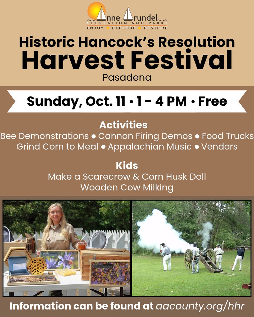 RecParks's tweet photo. 🌾 Celebrate autumn history at the Historic Hancock’s Resolution Harvest Festival &amp; War of 1812 Remembrance! 🍂💥   

Enjoy cannon firing, live music, food trucks, scarecrow making &amp; more! 🐝🌽🪕

 https://t.co/yfnEs22zNI https://t.co/oyZXyjnwfR
