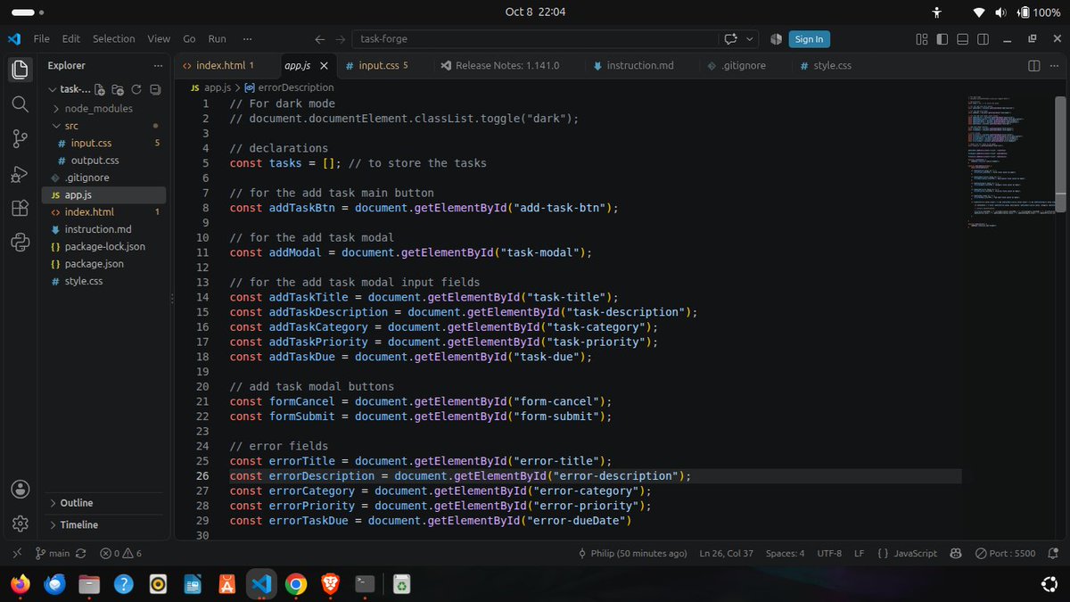 phil_builds's tweet photo. Day 92 of @blockfuselabs 200 Days of Code. Today I continued my task of building task forge. I learnt about classList which  used to pop up my modals and also the html <template> tag. 108 days to go.🔨#buildinpublic #tailwind #webdevelopment #200daysofcode #day92 https://t.co/RV1IpITDjz