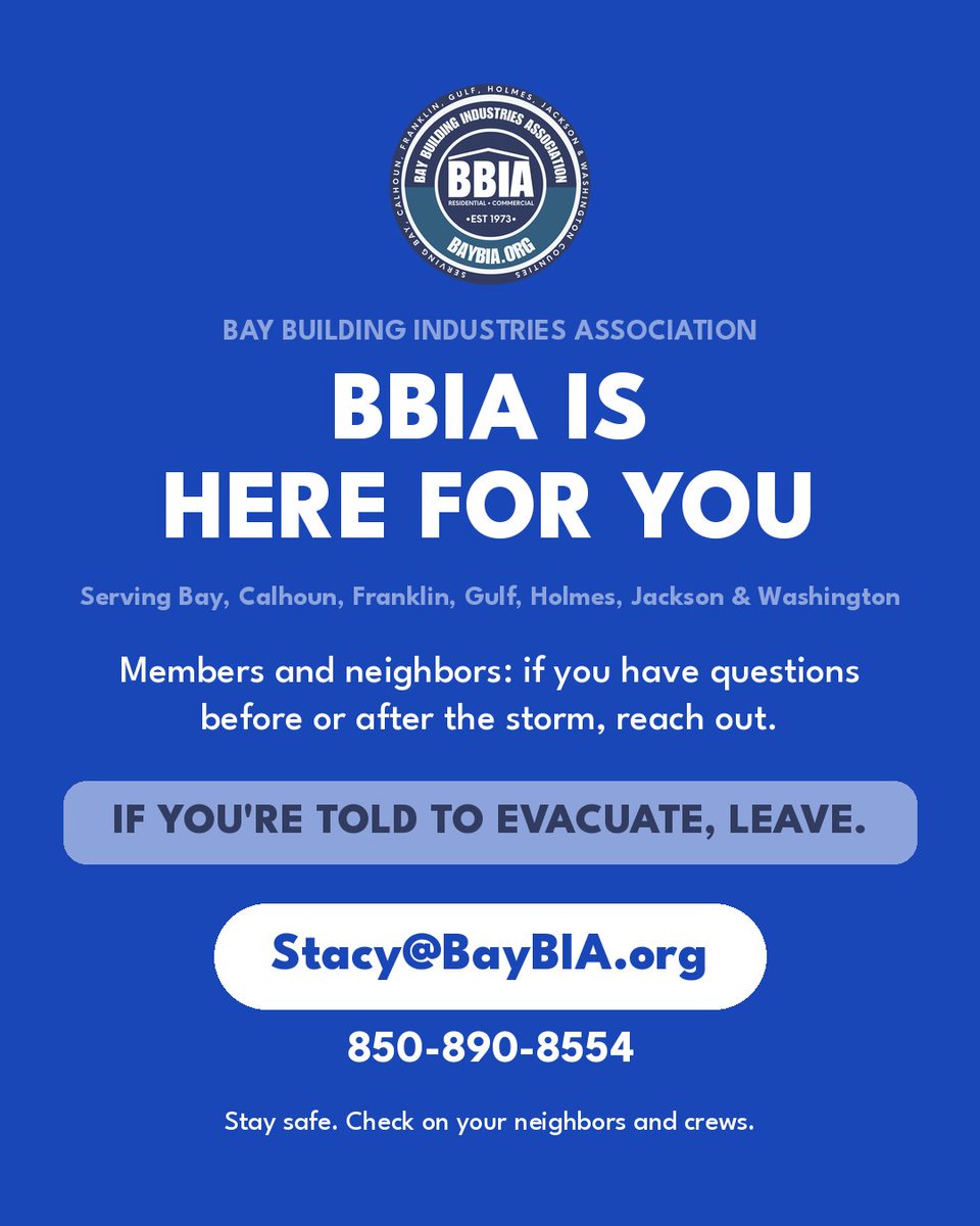 Bay_BIA's tweet photo. BBIA is here for you. As Isaias nears, our first concern is the safety of members, crews, families and neighbors in our 7 counties.

⚠️ If you're told to evacuate, leave.

Questions before or after the storm?
📞 850-890-8554
Stacy@BayBIA.org

#HurricaneIsaias #PanamaCity https://t.co/Ve1MbaZaTg