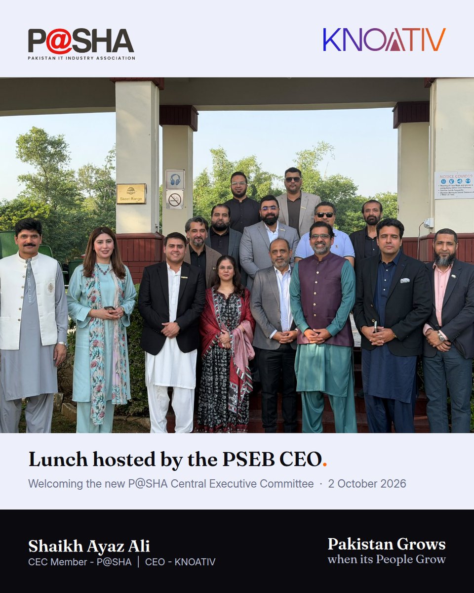 shaikhayazali's tweet photo. Thank you to Faisal Jeddy, CEO of PSEB, and his team for hosting a lunch on 2 October to welcome the new P@SHA Central Executive Committee.

PSEB and P@SHA serve the same technology companies. Good to start on the same page.

@TechDestPak @PSEB @PASHAORG https://t.co/IxRP5u6jx1