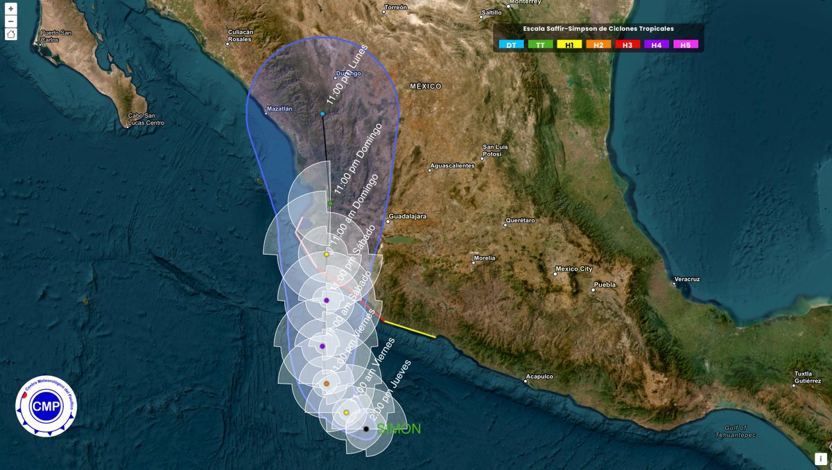 CMPtiempo's tweet photo. 🔺Aviso 6:🌀Tormenta Tropical Simon
2:00 pm Pacífico | Próximo a huracán.
CAMBIOS: Cambia su trayectoria, ahora se recorre a la derecha de su trayectoria anterior, por lo que la zona de impacto directo ahora incluye al estado de Colima. Después ingresaría al costa norte y https://t.co/duFFSFOXDb