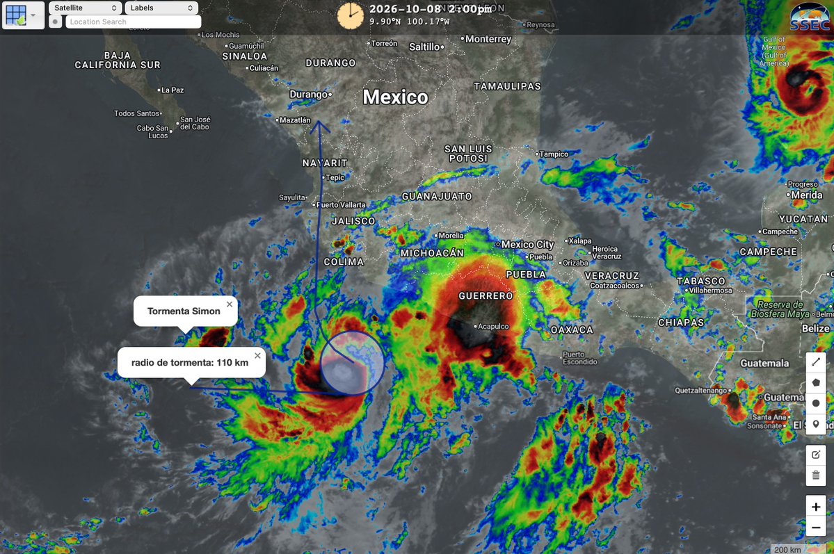 CMPtiempo's tweet photo. 🔺Aviso 6:🌀Tormenta Tropical Simon
2:00 pm Pacífico | Próximo a huracán.
CAMBIOS: Cambia su trayectoria, ahora se recorre a la derecha de su trayectoria anterior, por lo que la zona de impacto directo ahora incluye al estado de Colima. Después ingresaría al costa norte y https://t.co/duFFSFOXDb