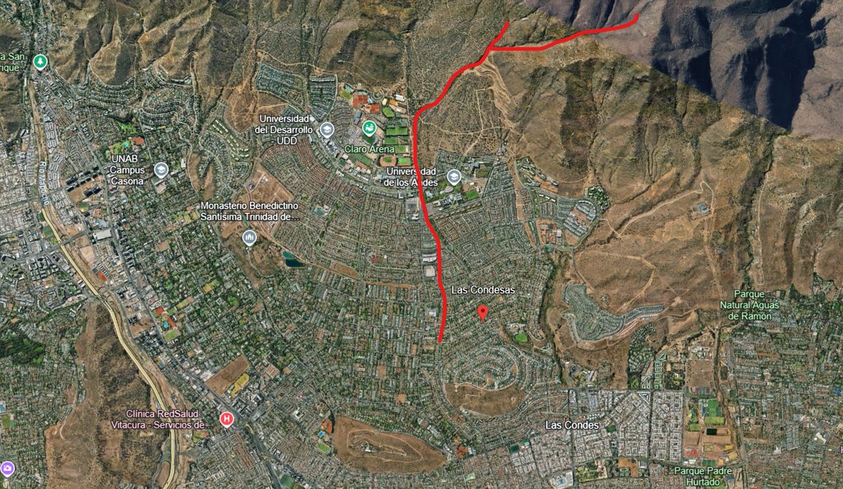 ElManuSantander's tweet photo. En rojo, el recorrido que siguió el aluvión de San Carlos de Apoquindo en Las Condes https://t.co/ZnMww09CRT