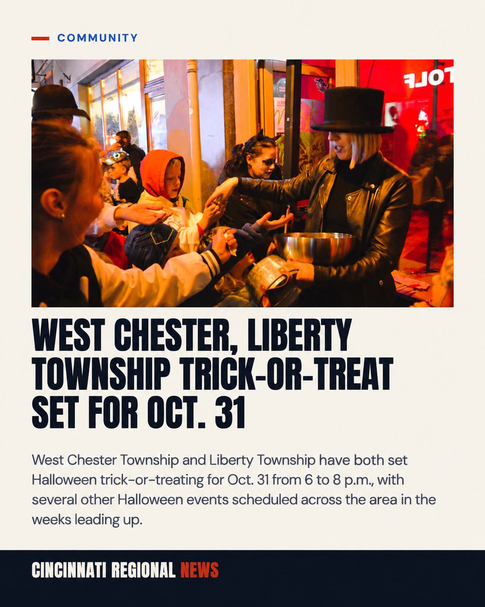 CincyRegional's tweet photo. West Chester and Liberty Township have set trick-or-treating for Saturday, Oct. 31, from 6–8 p.m. Several Halloween events are also planned throughout October. 

More details here: https://t.co/GGFQmXLfbQ

#CincinnatiRegionalNews #CincinnatiEvents #WestchesterLibertyHerald https://t.co/Mh1cqAUktG