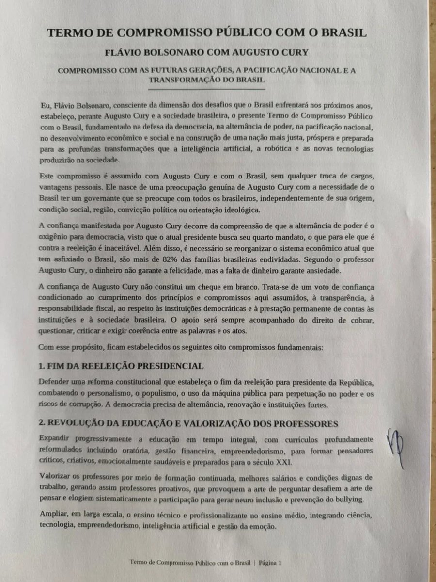 Metropoles's tweet photo. 🗳️ ELEIÇÕES | Augusto Cury conversa com Flávio e decide apoiar senador no 2º turno

Na conversa, o escritor pediu ao senador para assumir alguns compromissos por escrito, o que Flávio topou.

Na carta assinada por Flávio, o presidenciável do PL se comprometeu com temas como o fim da reeleição para presidente da República, a proteção às mulheres e pela pacificação nacional.

Ao todo foram oito compromissos assumidos. A maioria deles com a promessa do candidato em defender “revoluções” em áreas como a telemedicina, na agricultura e produção de alimentos, e no cooperativismo.

Saiba mais na coluna @igorgadelham