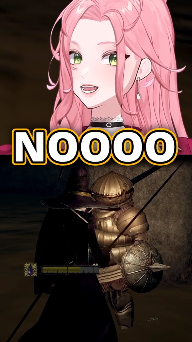 A meme image showing an anime character with pink hair above the word 'NOOOO' in large yellow text, paired with a screenshot of an armored knight from a video game.
