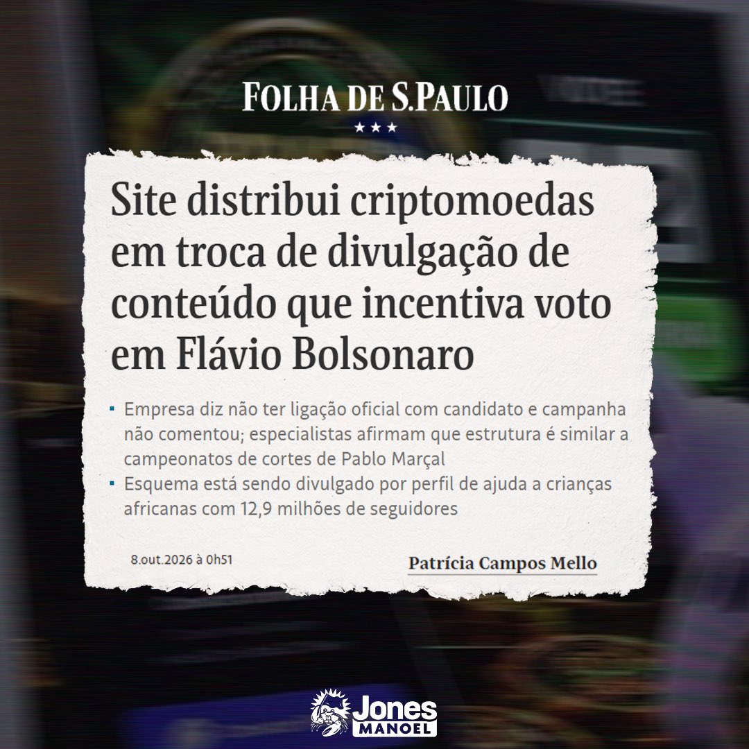 jonesmanoel_PE's tweet photo. Site de criptomoedas lança um esquema que distribui "tokens" para usuários que compartilharem a mensagem B22 e conteúdos como vídeos que incentivam o voto em Flávio Bolsonaro.

Segundo o advogado eleitoral Hélio Silveira, o esquema segue as mesmas linhas dos campeonatos de cortes de vídeos do então candidato Pablo Marçal. Ou seja, trata-se de crime eleitoral. Mas sabemos que o TSE vai fingir que nem viu!

Nitidamente, estamos vendo um abuso de poder econômico, algo que pode interferir diretamente no segundo turno das eleições. As páginas que divulgaram esse material ainda estão com ele no ar, e a Justiça Eleitoral nada faz.

A extrema direita joga sujo e, aliada à classe dominante brasileira, tem o plano de acabar com a vida do povo brasileiro. Nós não podemos deixar isso acontecer. Precisamos nos mobilizar diariamente para conquistar cada voto daqueles que não foram votar no primeiro turno. Precisamos garantir a reeleição do presidente Lula para termos melhores condições de continuar lutando pelo futuro de nosso país, isto é, pela Revolução Brasileira!

Link: https://t.co/Khsi9CVGuS
